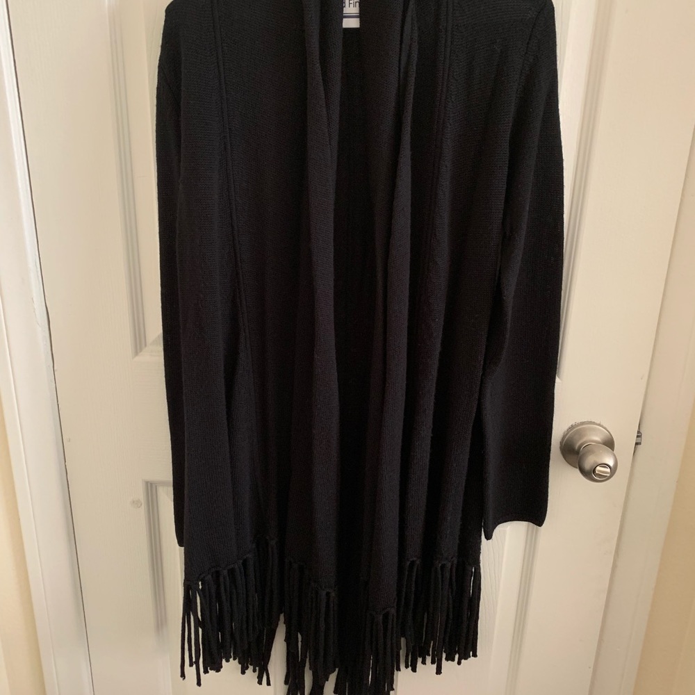 Bibelot 100% black wool fringe open front sweater